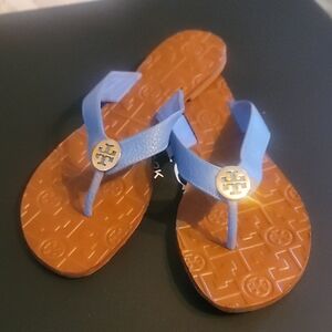 Tory Burch Light Blue Leather Logo-Emblem Thong Sandals with Brown Footbed